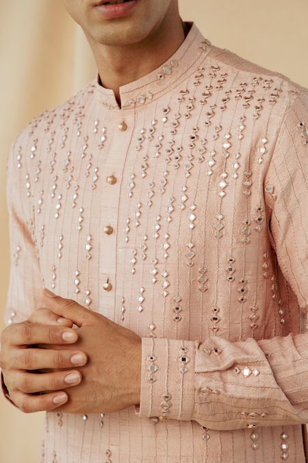 Shop_Philocaly_Peach Raw Silk Mirror Work Comet Kurta _Online_at_Aza_Fashions