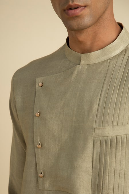 Philocaly_Green Silk, Cotton Kandahar Draped Kurta_Online_at_Aza_Fashions