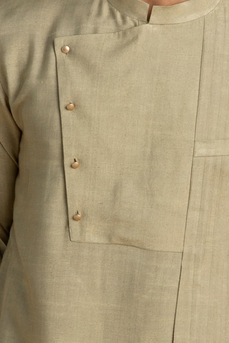 Shop_Philocaly_Green Silk, Cotton Kandahar Draped Kurta_Online_at_Aza_Fashions