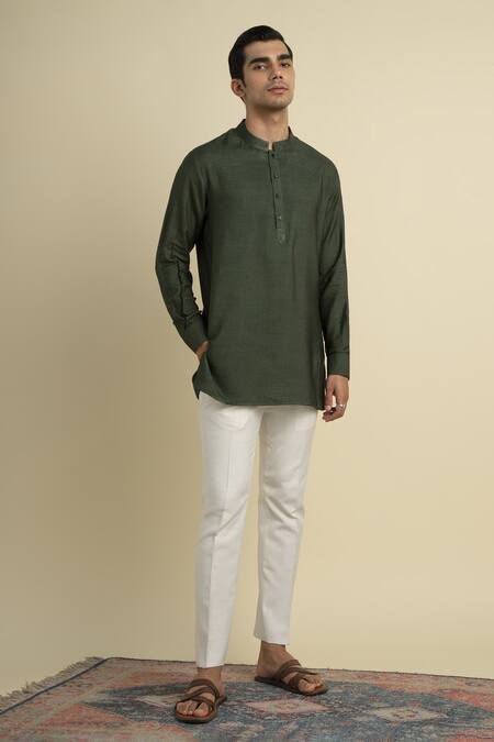 Philocaly Green Silk, Cotton Pine Short Kurta