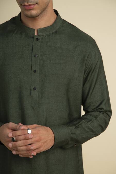 Philocaly_Green Silk, Cotton Pine Short Kurta_Online_at_Aza_Fashions