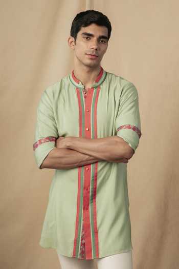 Philocaly_Green Silk, Cotton Striped Moor Short Kurta_Online_at_Aza_Fashions