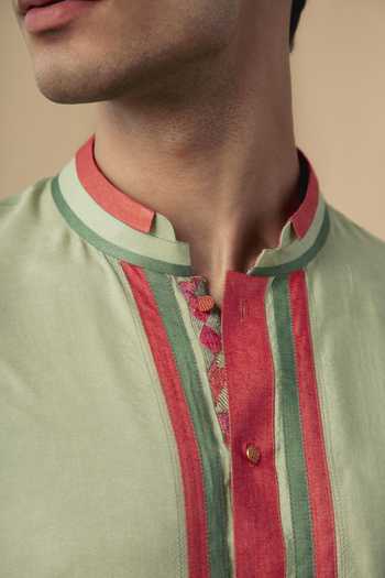 Buy_Philocaly_Green Silk, Cotton Striped Moor Short Kurta_Online_at_Aza_Fashions