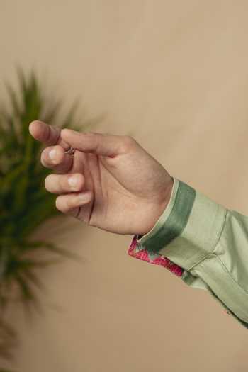 Shop_Philocaly_Green Silk, Cotton Striped Moor Short Kurta_Online_at_Aza_Fashions