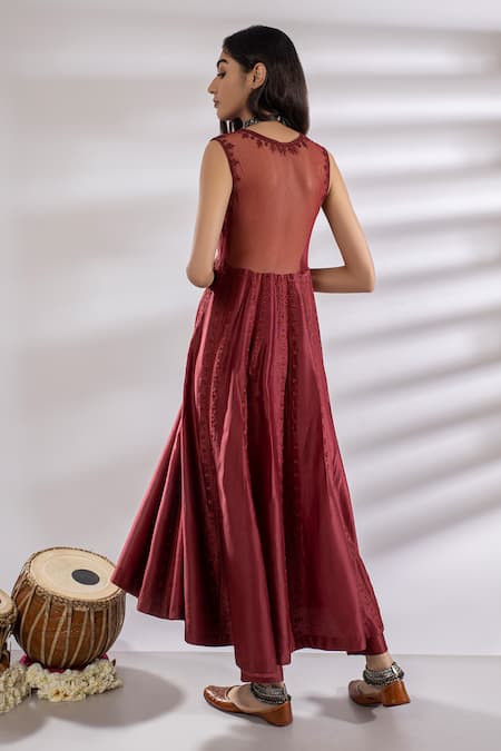 Shop Rashi Jain Red Chanderi V Neck Embroidered Anarkali And Pant Set at Aza Fashions Shop_Rashi Jain_Red Chanderi V Neck Embroidered Anarkali And Pant Set _at_Aza_Fashions
