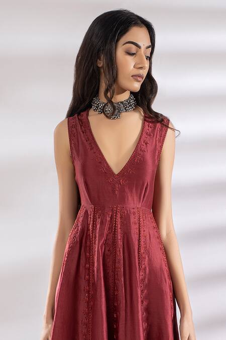 Shop Rashi Jain Red Chanderi V Neck Embroidered Anarkali And Pant Set Online at Aza Fashions Shop_Rashi Jain_Red Chanderi V Neck Embroidered Anarkali And Pant Set _Online_at_Aza_Fashions