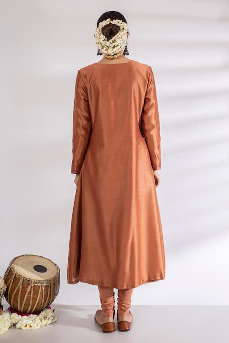 Shop_Rashi Jain_Orange Chanderi V Neck Embroidered Anarkali _at_Aza_Fashions