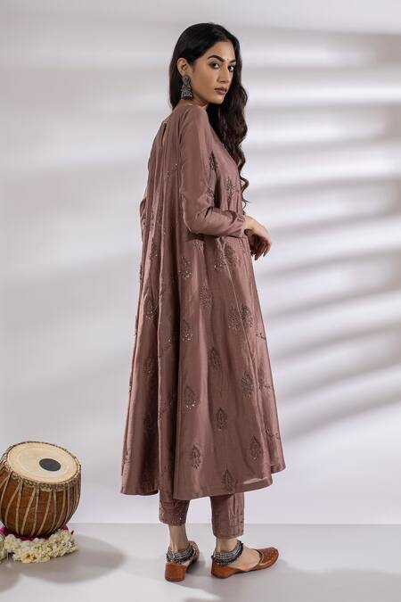Shop Rashi Jain Brown Chanderi Round Embroidered Anarkali And Pant Set at Aza Fashions Shop_Rashi Jain_Brown Chanderi Round Embroidered Anarkali And Pant Set _at_Aza_Fashions