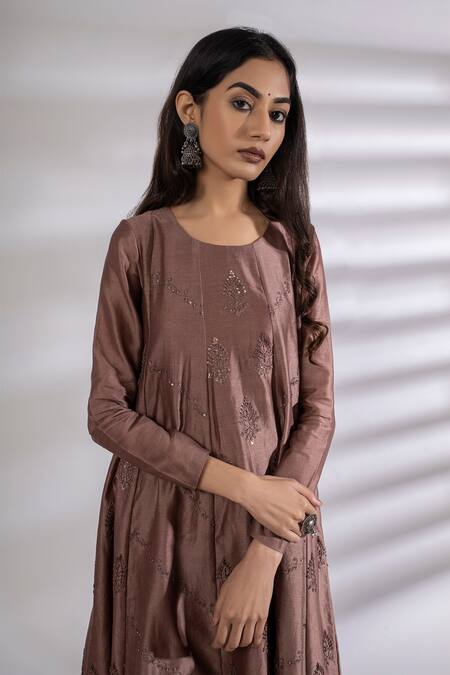 Rashi Jain Brown Chanderi Round Embroidered Anarkali And Pant Set Online at Aza Fashions Rashi Jain_Brown Chanderi Round Embroidered Anarkali And Pant Set _Online_at_Aza_Fashions