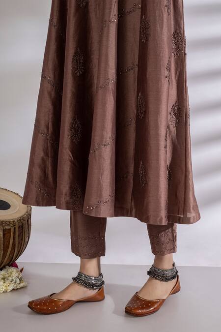Buy Rashi Jain Brown Chanderi Round Embroidered Anarkali And Pant Set Online at Aza Fashions Buy_Rashi Jain_Brown Chanderi Round Embroidered Anarkali And Pant Set _Online_at_Aza_Fashions