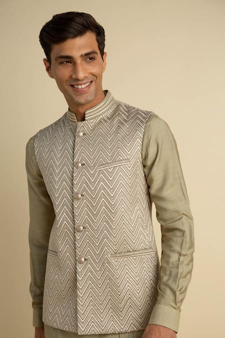 Philocaly_Green Silk Zig Zag Salud Embroidered Bundi _Online_at_Aza_Fashions