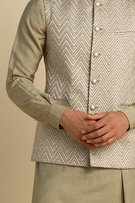 Shop_Philocaly_Green Silk Zig Zag Salud Embroidered Bundi _Online_at_Aza_Fashions