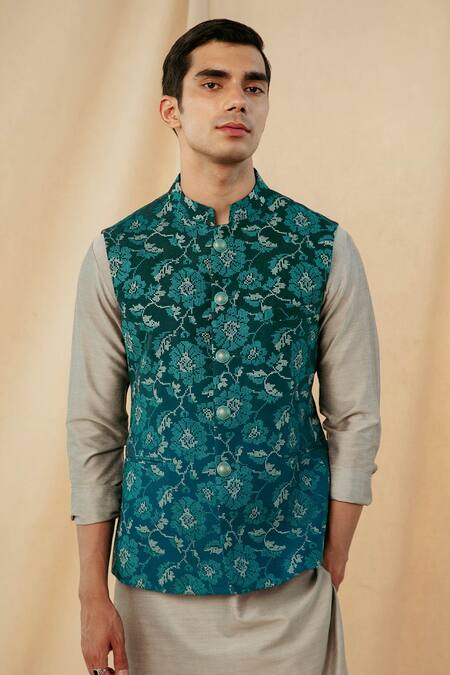 Philocaly_Blue Raw Silk Cross Stitch Clematis Embroidered Bundi_Online_at_Aza_Fashions