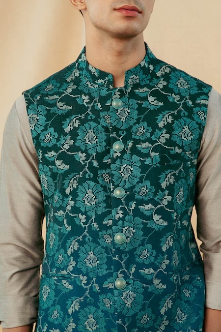 Buy_Philocaly_Blue Raw Silk Cross Stitch Clematis Embroidered Bundi_Online_at_Aza_Fashions