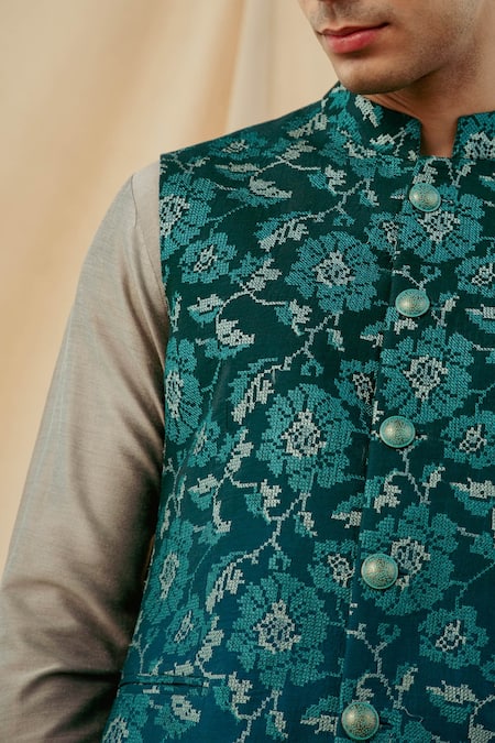 Shop_Philocaly_Blue Raw Silk Cross Stitch Clematis Embroidered Bundi_Online_at_Aza_Fashions