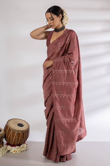 Shop Rashi Jain Pink Chanderi V Neck Embroidered Saree With Blouse at Aza Fashions Shop_Rashi Jain_Pink Chanderi V Neck Embroidered Saree With Blouse _at_Aza_Fashions