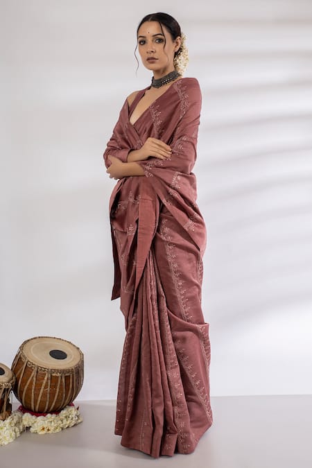 Rashi Jain Pink Chanderi V Neck Embroidered Saree With Blouse Online at Aza Fashions Rashi Jain_Pink Chanderi V Neck Embroidered Saree With Blouse _Online_at_Aza_Fashions