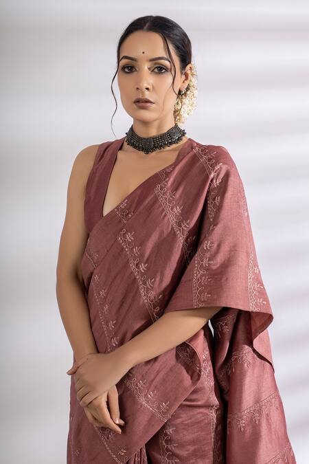 Buy Rashi Jain Pink Chanderi V Neck Embroidered Saree With Blouse Online at Aza Fashions Buy_Rashi Jain_Pink Chanderi V Neck Embroidered Saree With Blouse _Online_at_Aza_Fashions