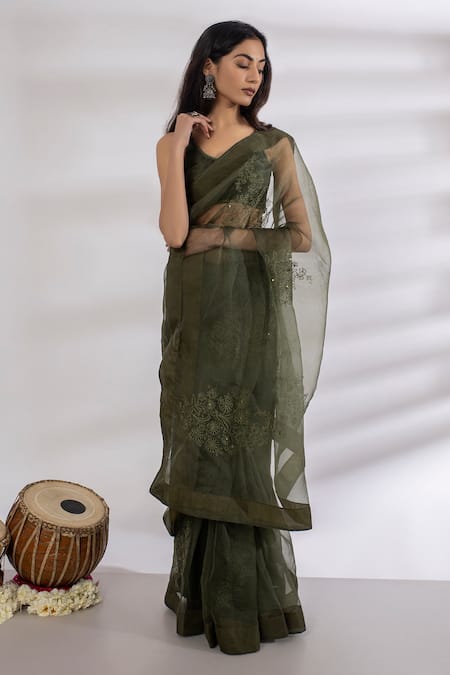 Rashi Jain Green Chanderi U Neck Embroidered Saree With Blouse 