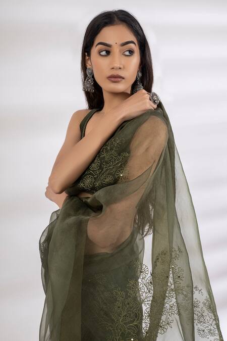 Buy Rashi Jain Green Chanderi U Neck Embroidered Saree With Blouse Online at Aza Fashions Buy_Rashi Jain_Green Chanderi U Neck Embroidered Saree With Blouse _Online_at_Aza_Fashions