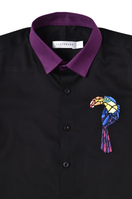 Partykles_Black Cotton Embroidery Placement Shirt _Online_at_Aza_Fashions