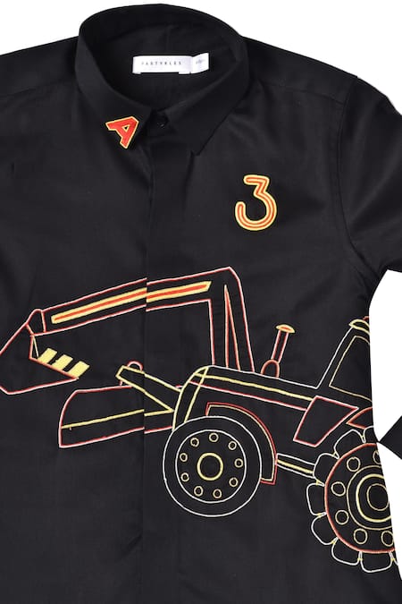 Partykles Black Cotton Embroidery Tractor Shirt Online at Aza Fashions Partykles_Black Cotton Embroidery Tractor Shirt _Online_at_Aza_Fashions
