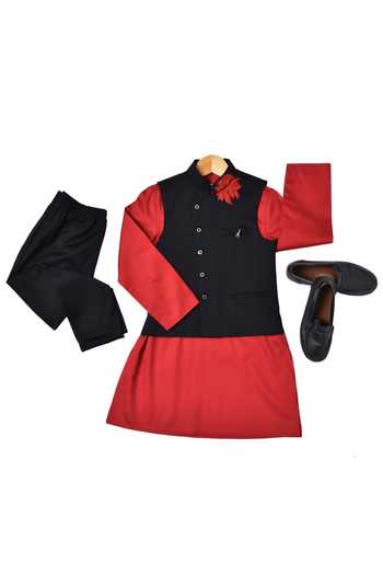 Partykles_Navy Cotton Satin Embroidery, Brooches Floral Bundi Kurta Pant Set_at_Aza_Fashions