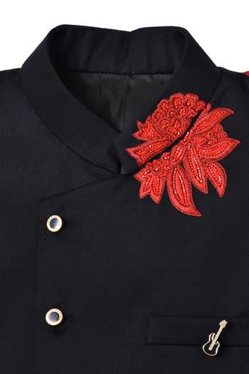 Shop_Partykles_Navy Cotton Satin Embroidery, Brooches Floral Bundi Kurta Pant Set_Online_at_Aza_Fashions