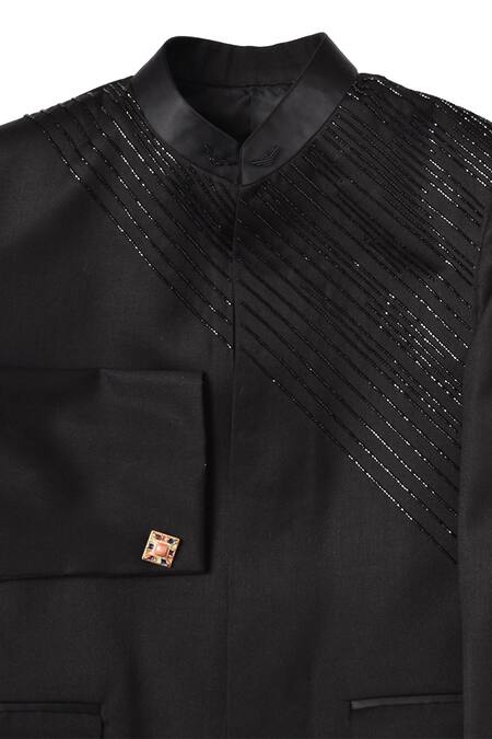 Buy_Partykles_Black Terrycloth Embroidery Jodhpuri Jacket Pant Set _Online_at_Aza_Fashions