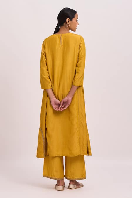 Shop_Dot_Yellow Kurta And Pant Cotton Silk Embroidered Dabka Work Round Set_at_Aza_Fashions