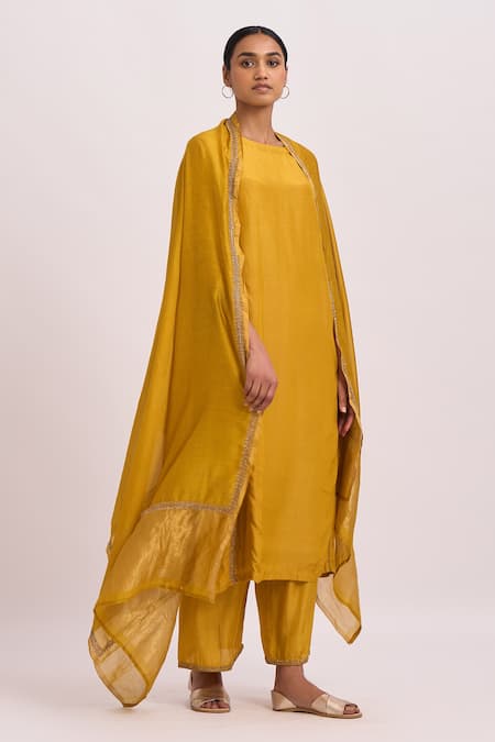 Dot_Yellow Kurta And Pant Cotton Silk Embroidered Dabka Work Round Set_Online_at_Aza_Fashions