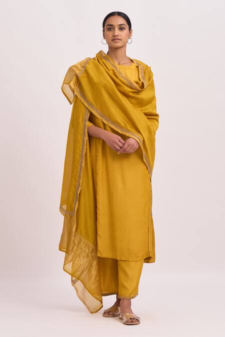 Buy_Dot_Yellow Kurta And Pant Cotton Silk Embroidered Dabka Work Round Set_Online_at_Aza_Fashions