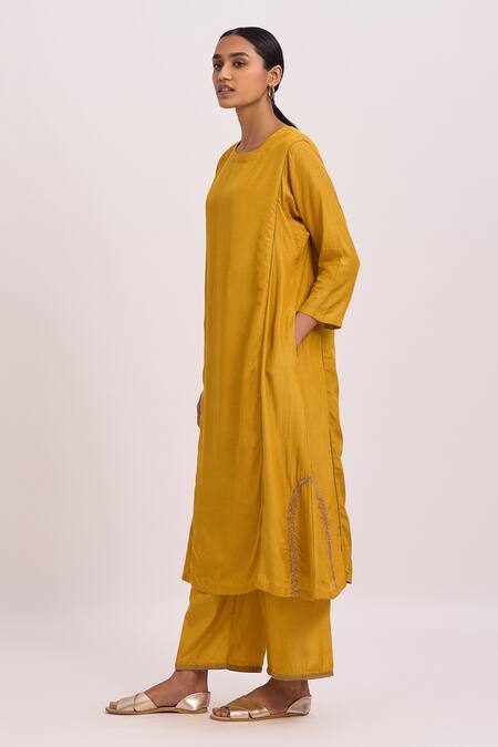 Shop_Dot_Yellow Kurta And Pant Cotton Silk Embroidered Dabka Work Round Set_Online_at_Aza_Fashions