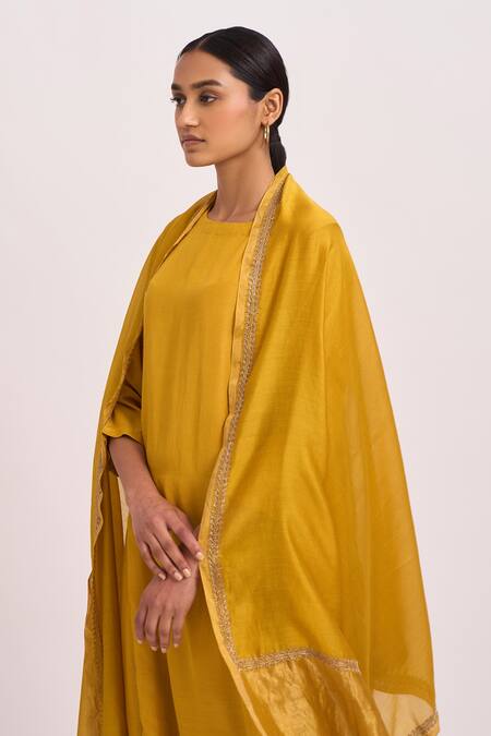 Dot_Yellow Kurta And Pant Cotton Silk Embroidered Dabka Work Round Set_at_Aza_Fashions