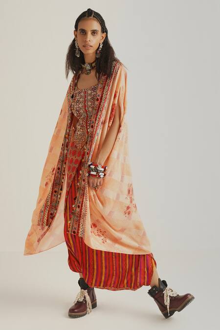 Aseem Kapoor Multi Color Blouse Cotton Linen, Jacket Sequin Ritu Draped Set With Online at Aza Fashions Aseem Kapoor_Multi Color Blouse Cotton Linen, Jacket Sequin Ritu Draped Set With_Online_at_Aza_Fashions