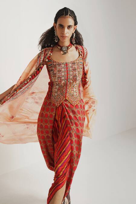 Buy Aseem Kapoor Multi Color Blouse Cotton Linen, Jacket Sequin Ritu Draped Set With Online at Aza Fashions Buy_Aseem Kapoor_Multi Color Blouse Cotton Linen, Jacket Sequin Ritu Draped Set With_Online_at_Aza_Fashions