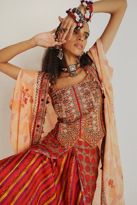 Shop Aseem Kapoor Multi Color Blouse Cotton Linen, Jacket Sequin Ritu Draped Set With Online at Aza Fashions Shop_Aseem Kapoor_Multi Color Blouse Cotton Linen, Jacket Sequin Ritu Draped Set With_Online_at_Aza_Fashions