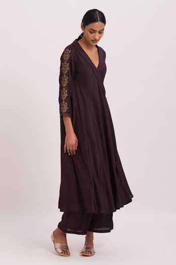 Dot_Purple Cotton Silk Zari Work V Neck Embroidered Angrakha And Pant Set _Online_at_Aza_Fashions