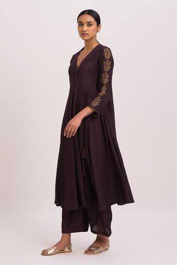 Buy_Dot_Purple Cotton Silk Zari Work V Neck Embroidered Angrakha And Pant Set _Online_at_Aza_Fashions