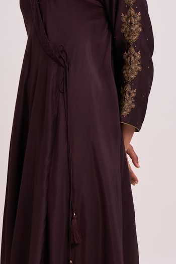 Dot_Purple Cotton Silk Zari Work V Neck Embroidered Angrakha And Pant Set _at_Aza_Fashions