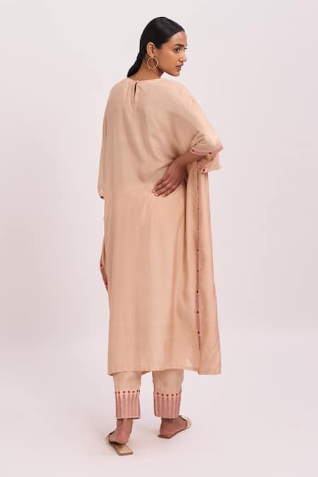 Shop Dot Beige Cotton Silk Resham And Kasab Work Round Kaftan Kurta & Pant Set at Aza Fashions Shop_Dot_Beige Cotton Silk Resham And Kasab Work Round Kaftan Kurta & Pant Set _at_Aza_Fashions