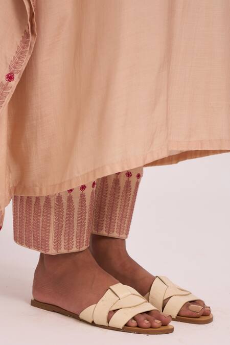Shop Dot Beige Cotton Silk Resham And Kasab Work Round Kaftan Kurta & Pant Set Online at Aza Fashions Shop_Dot_Beige Cotton Silk Resham And Kasab Work Round Kaftan Kurta & Pant Set _Online_at_Aza_Fashions