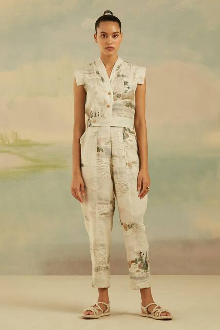 Shop Cord Multi Color Pure Linen Modern Toile V Neck Berliner Printed Jumpsuit Online at Aza Fashions Shop_Cord_Multi Color Pure Linen Modern Toile V Neck Berliner Printed Jumpsuit_Online_at_Aza_Fashions