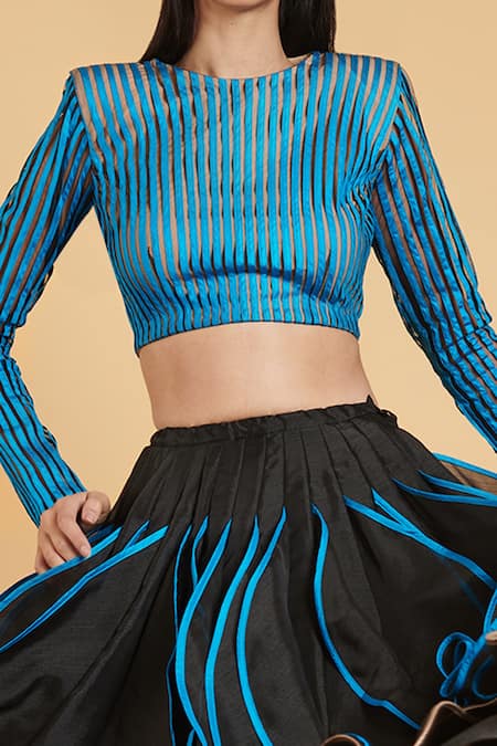 Shop Siddartha Tytler Beige Net Striped Round Blouse at Aza Fashions Shop_Siddartha Tytler_Beige Net Striped Round Blouse _at_Aza_Fashions