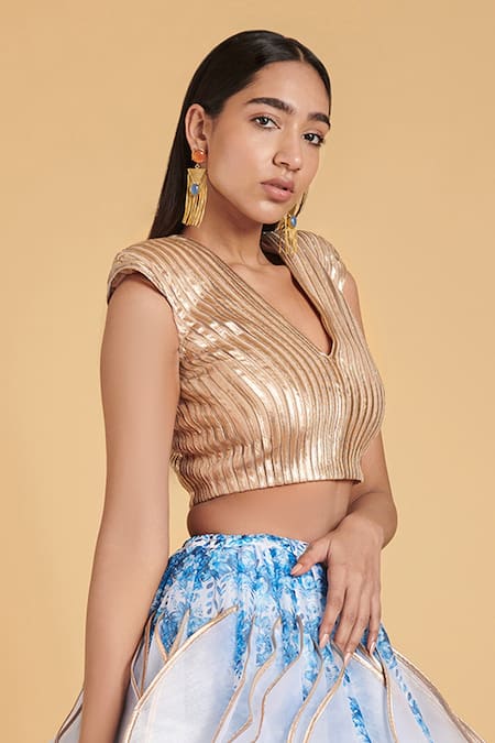 Siddartha Tytler_Gold Net, Lame Striped V Neck Blouse _Online_at_Aza_Fashions