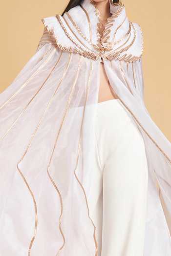 Siddartha Tytler_White Organza Striped Victorian Collar Ruffle Tulip Cape _Online_at_Aza_Fashions