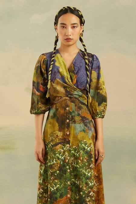 Cord_Multi Color Poplin Mosaic V Neck Crossover Printed Dress_Online_at_Aza_Fashions