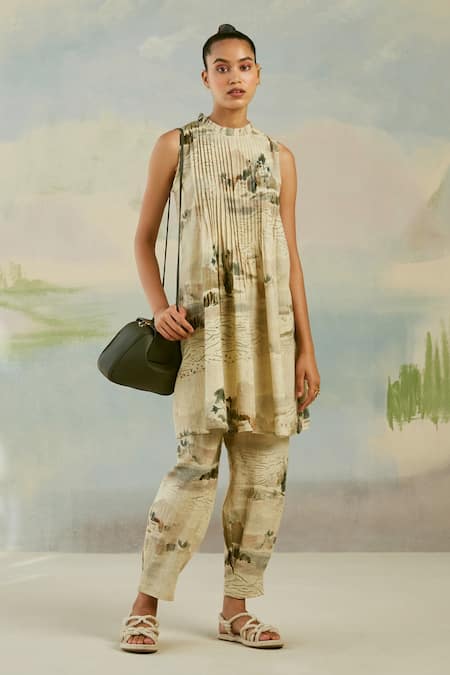 Cord Linen Coastal Printed Kurta & Pant Set 