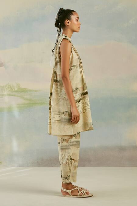 Cord_Multi Color 100% Pure Linen Modern Toile Round Coastal Printed Kurta And Pant Set_Online_at_Aza_Fashions