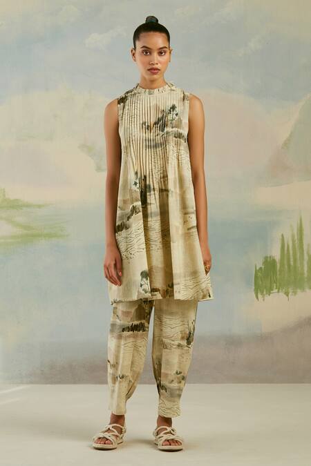 Buy_Cord_Multi Color 100% Pure Linen Modern Toile Round Coastal Printed Kurta And Pant Set_Online_at_Aza_Fashions